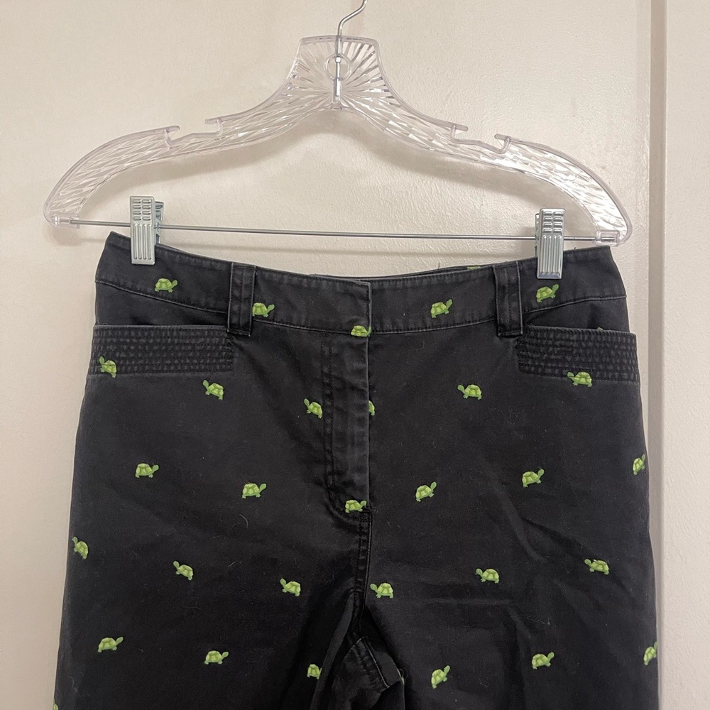 Kate Hill Cotton Black Ankle Pants Green Turtle Embroidery Grandpacore Coastal